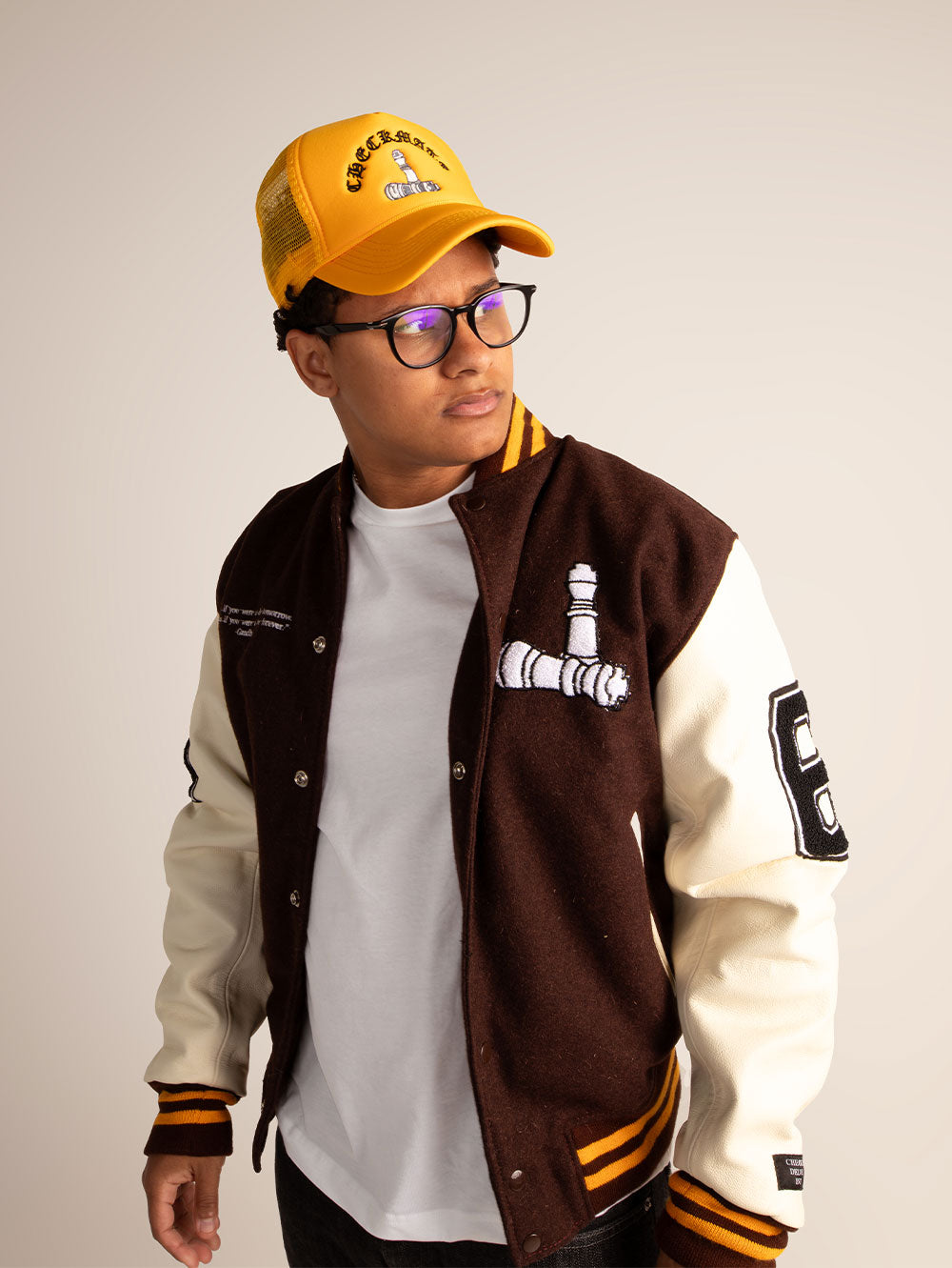 CheckmatexDelvon Jae Varsity Jacket in Brown & Yellow