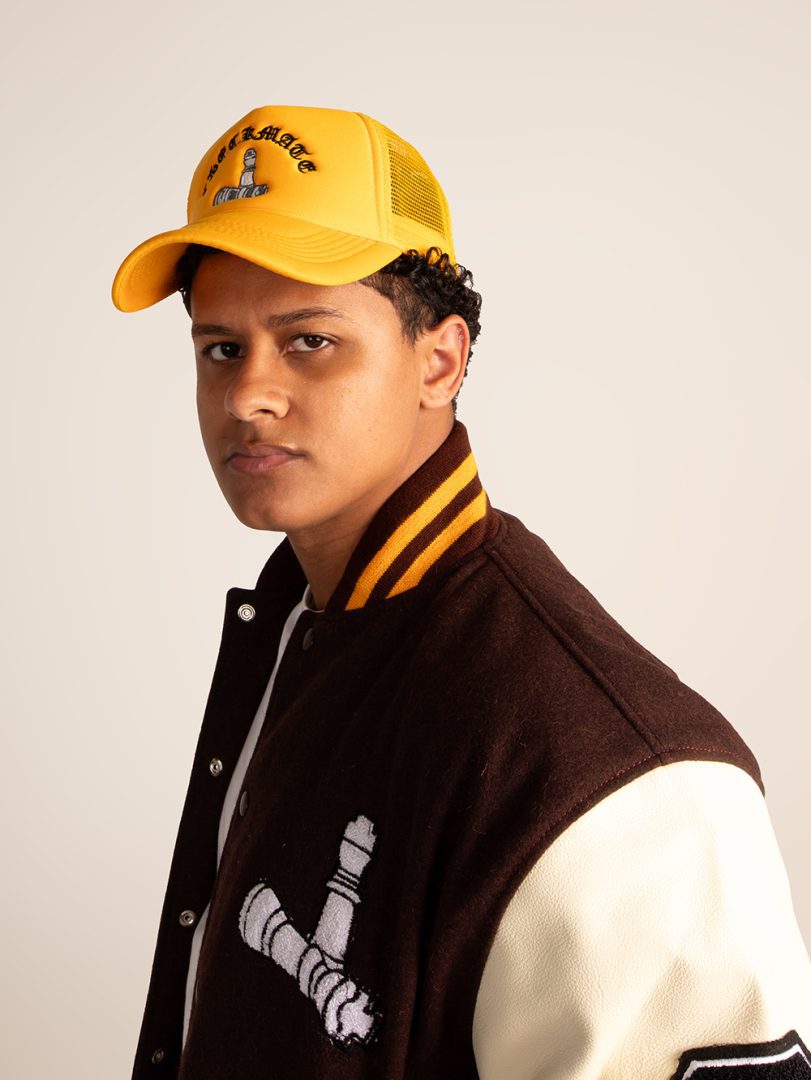 CheckmatexDelvon Jae Varsity Jacket in Brown & Yellow