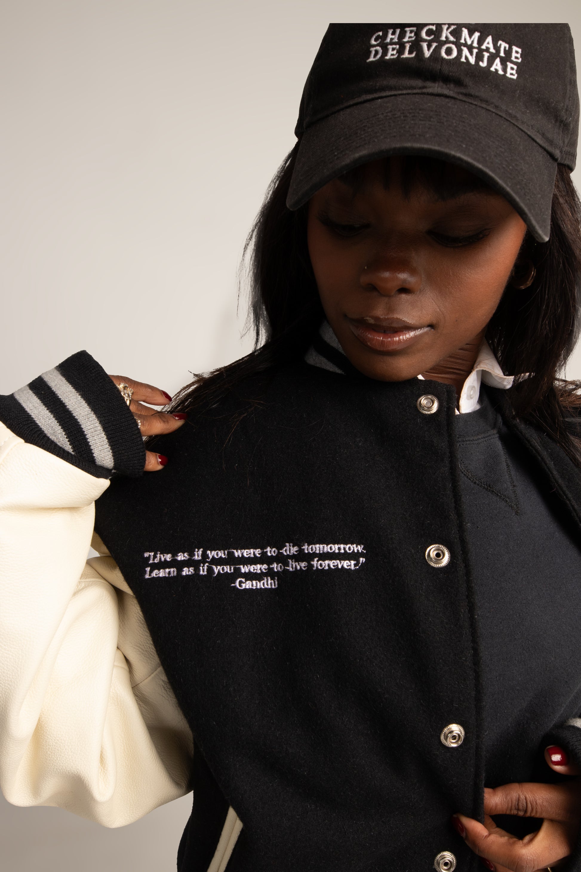 CheckmatexDelvon Jae Varsity Jacket in Black & White