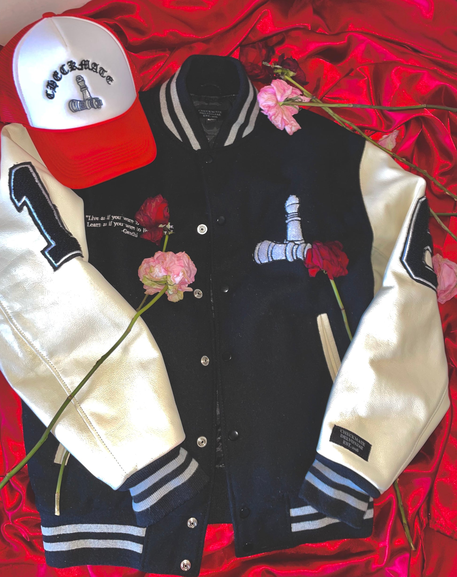 CheckmatexDelvon Jae Varsity Jacket in Black & White