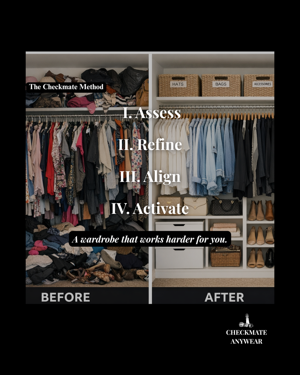Before and after comparison of a closet organized by The Checkmate Method with labeled steps.