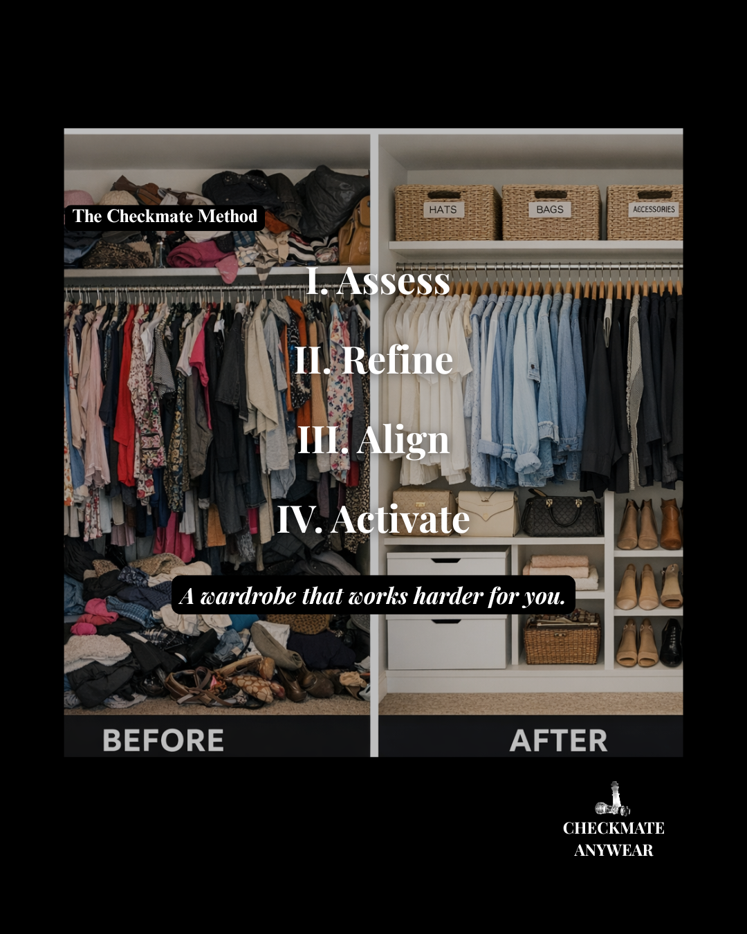 Before and after comparison of a closet organized by The Checkmate Method with labeled steps.