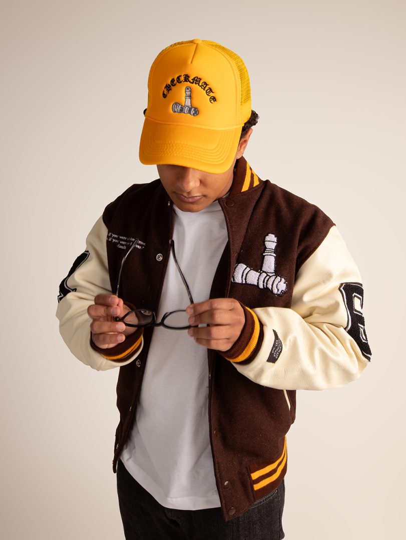 CheckmatexDelvon Jae Varsity Jacket in Brown & Yellow