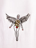 White t-shirt with a black and gold winged figure design on a white background