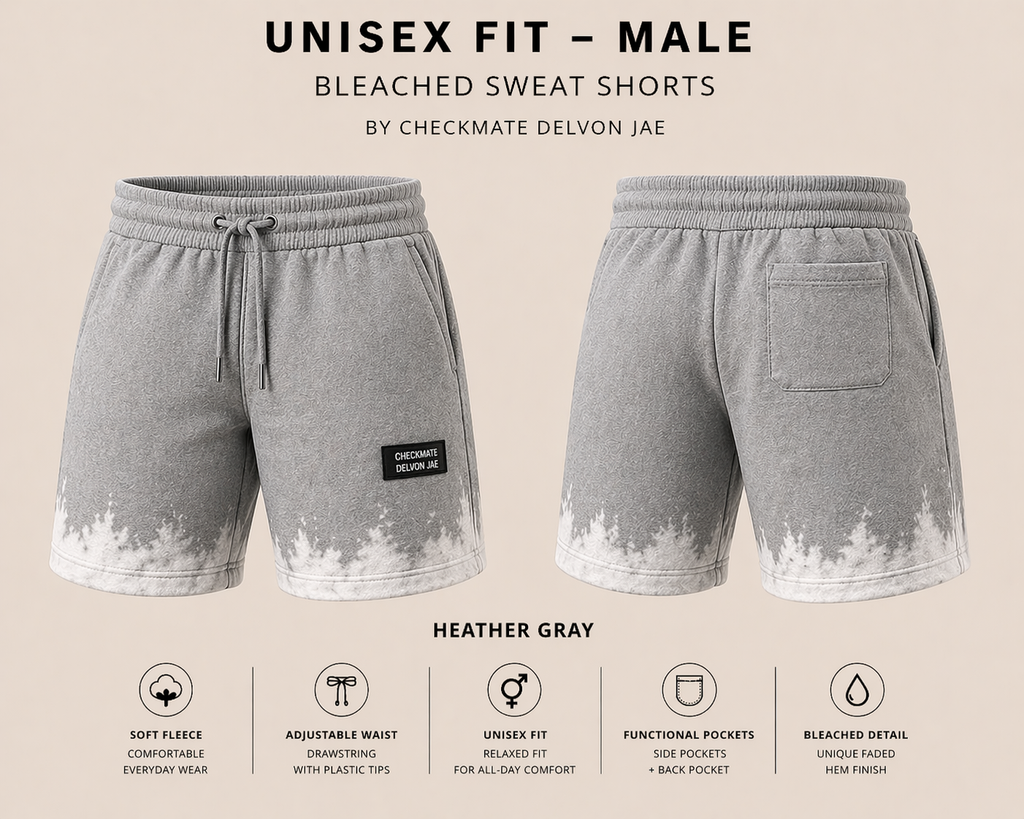 Gray sweat shorts with bleached hem on a neutral background, featuring product details.