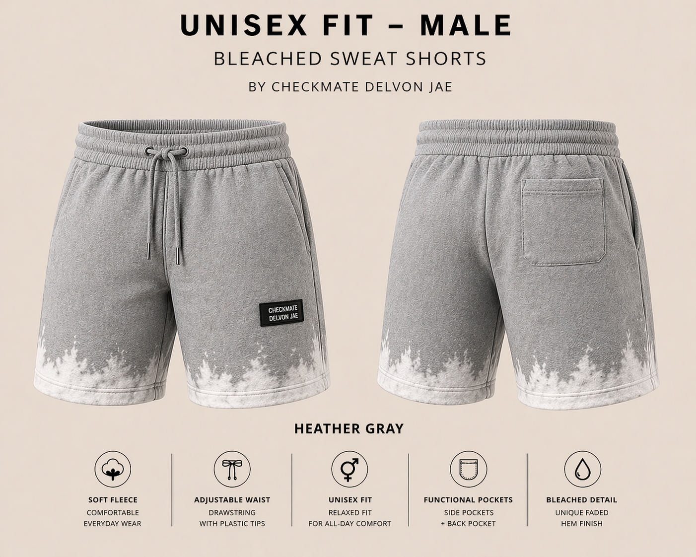 Gray sweat shorts with bleached hem on a neutral background, featuring product details.