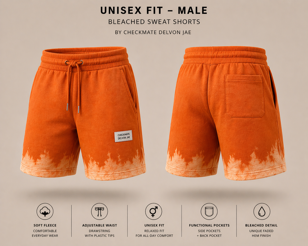 Orange bleached sweat shorts with front and back views on a neutral background, featuring Checkmate Delvon Jae branding.