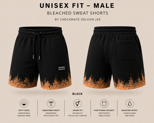 Black bleached sweat shorts with product details on a netural background