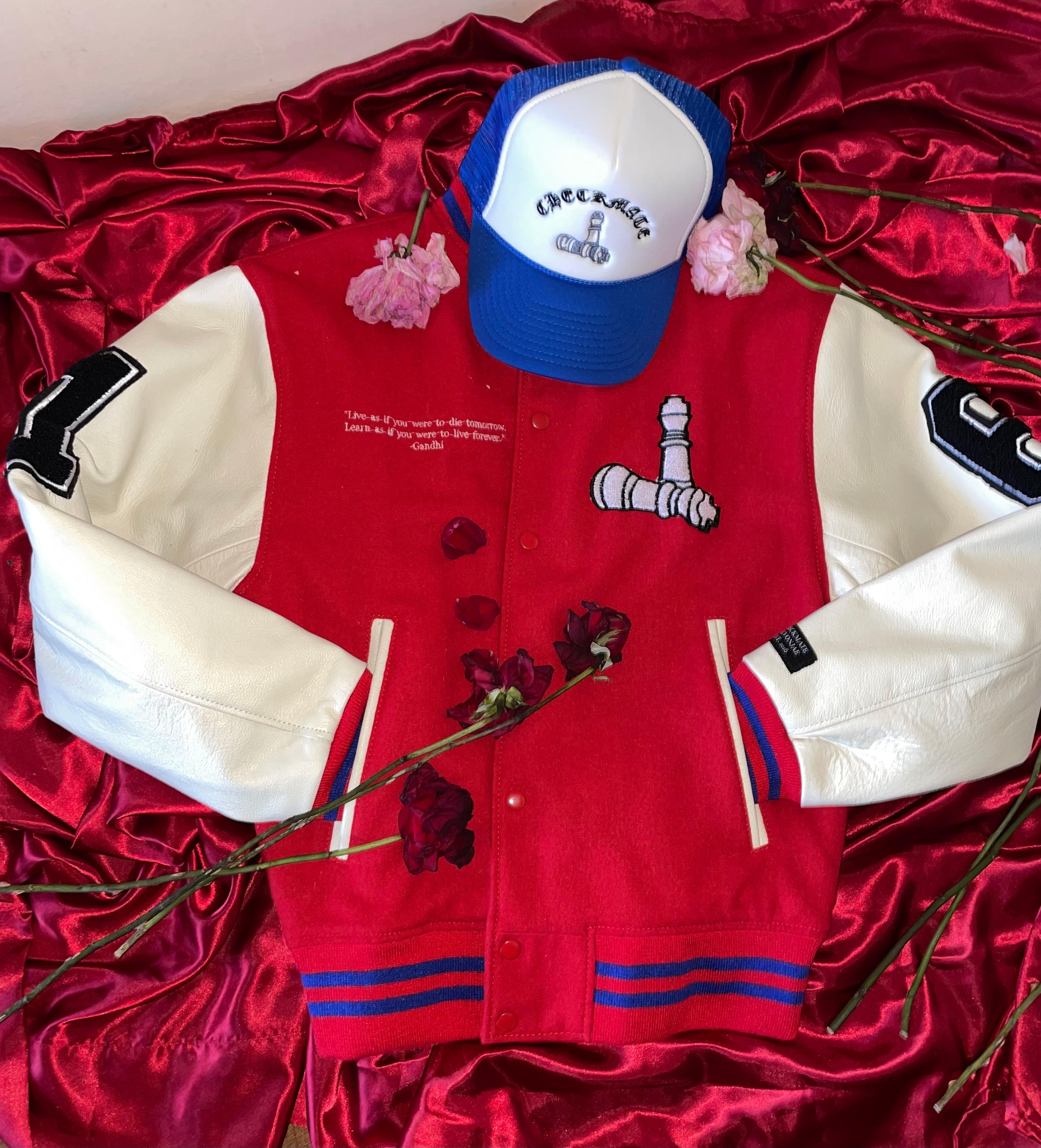 CheckmatexDelvon Jae Varsity Jacket in Red & Blue