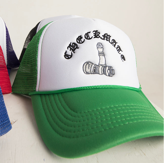 Checkmate Anywear Trucker Hat in Green & White with Black Embroidery - OS