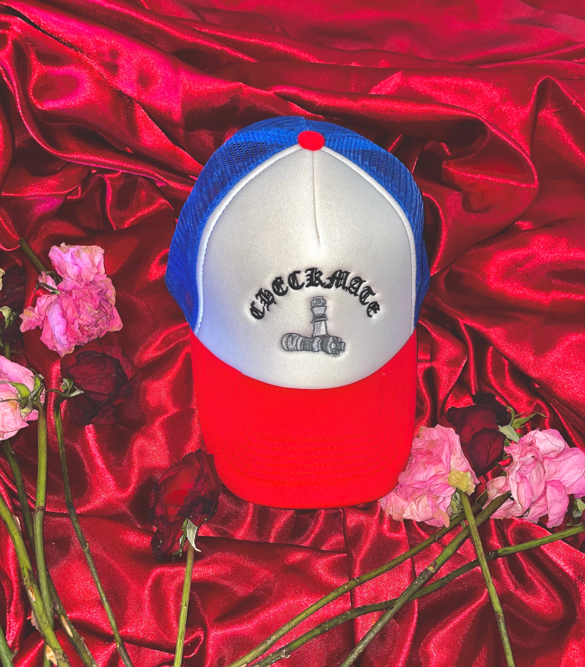 Checkmate Anywear Trucker in Red, Blue & White with Black Embroidery - OS
