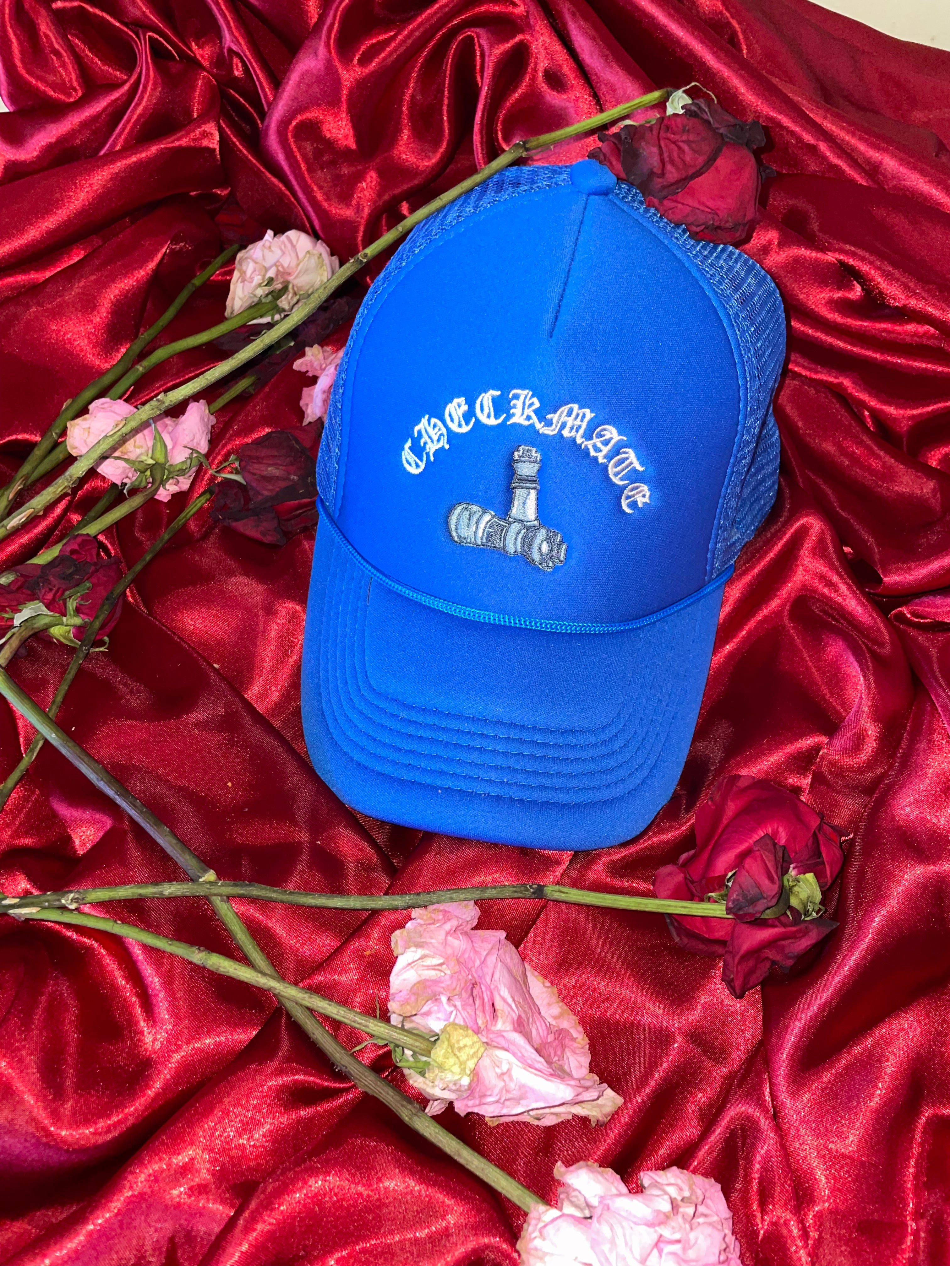 Checkmate Anywear Trucker Hat in Blue with White Embroidery