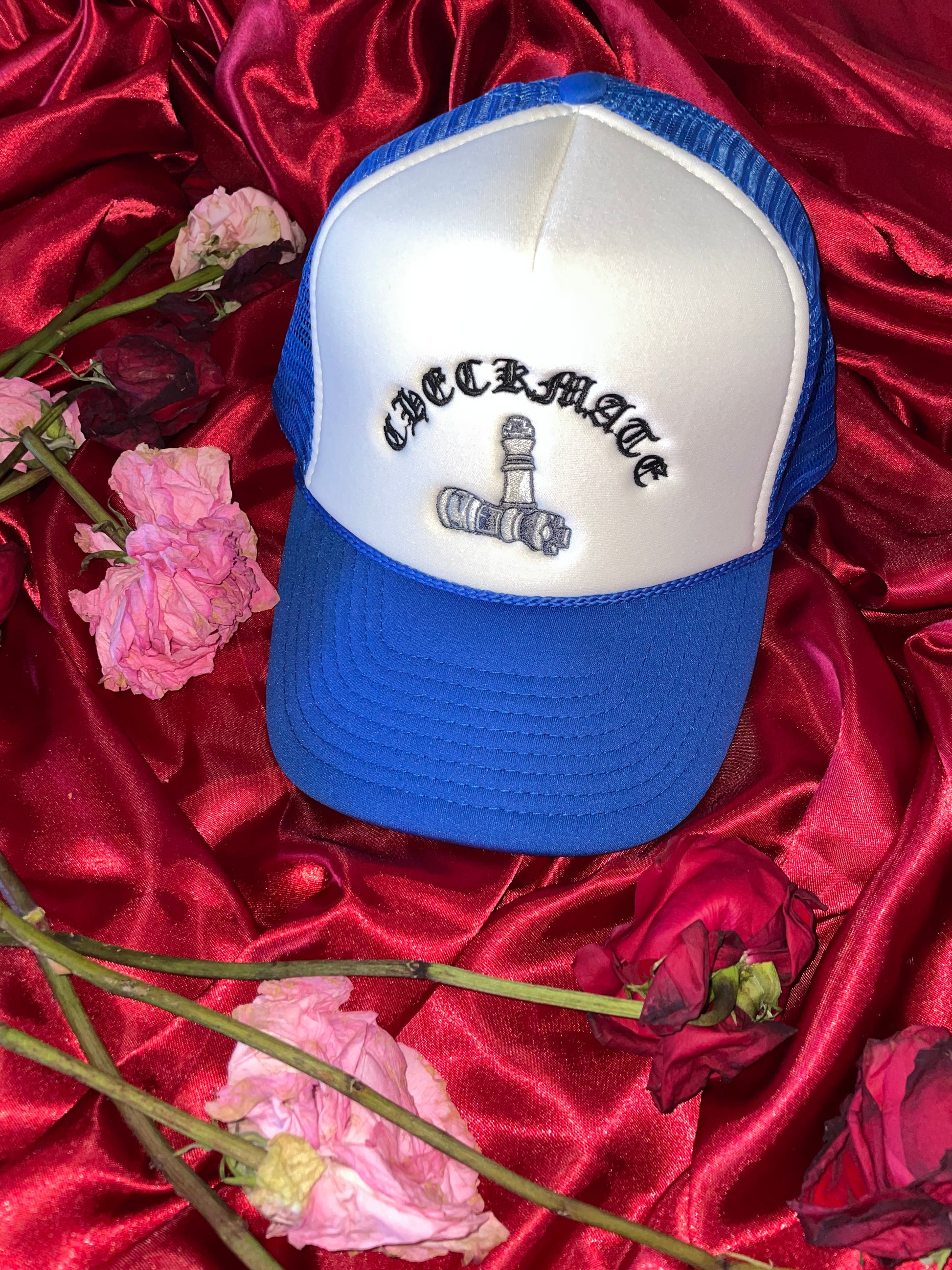 Checkmate Anywear Trucker in Blue & White with Black Embroidery - OS