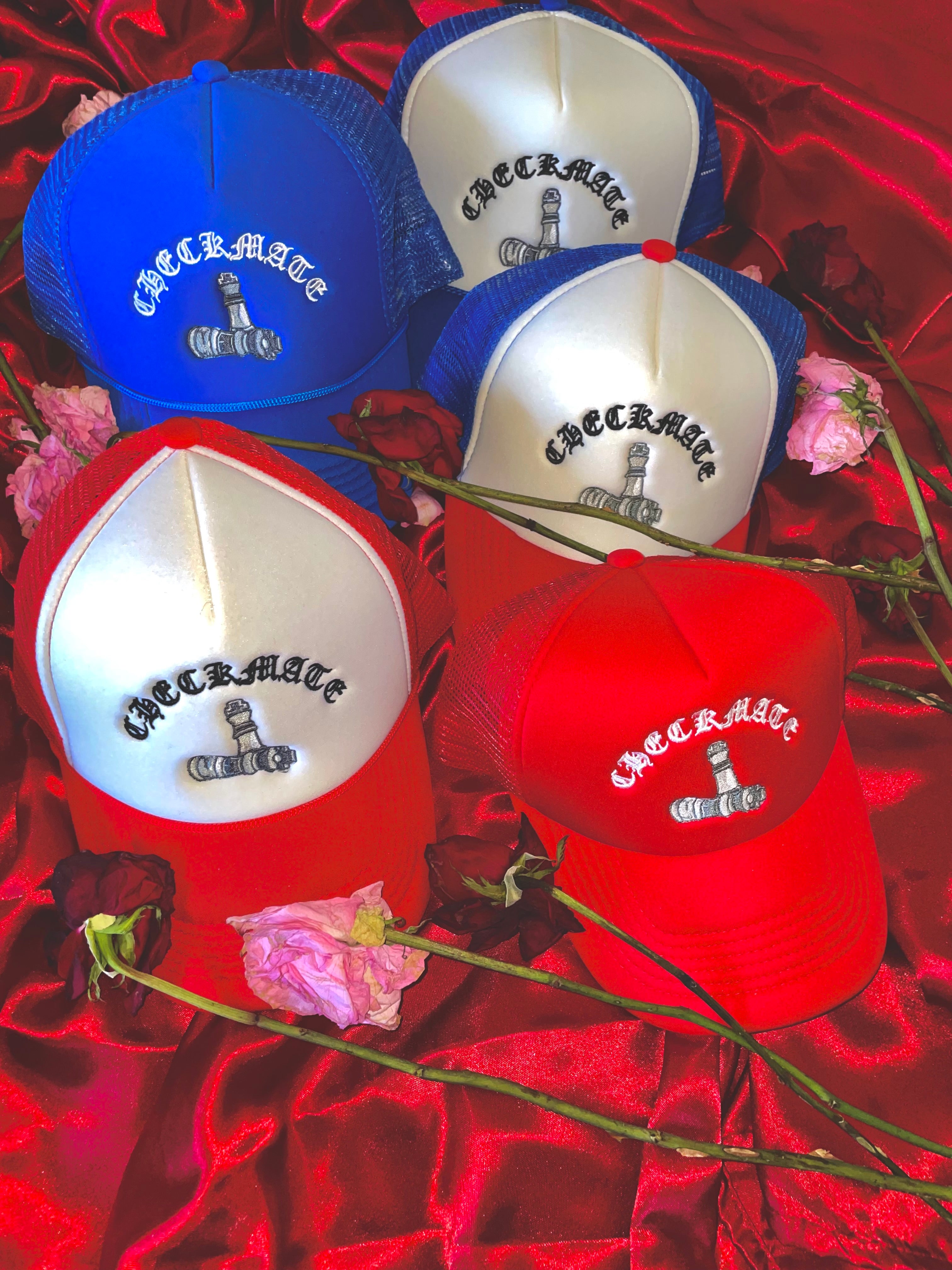 Checkmate Anywear Trucker Hat in Blue with White Embroidery