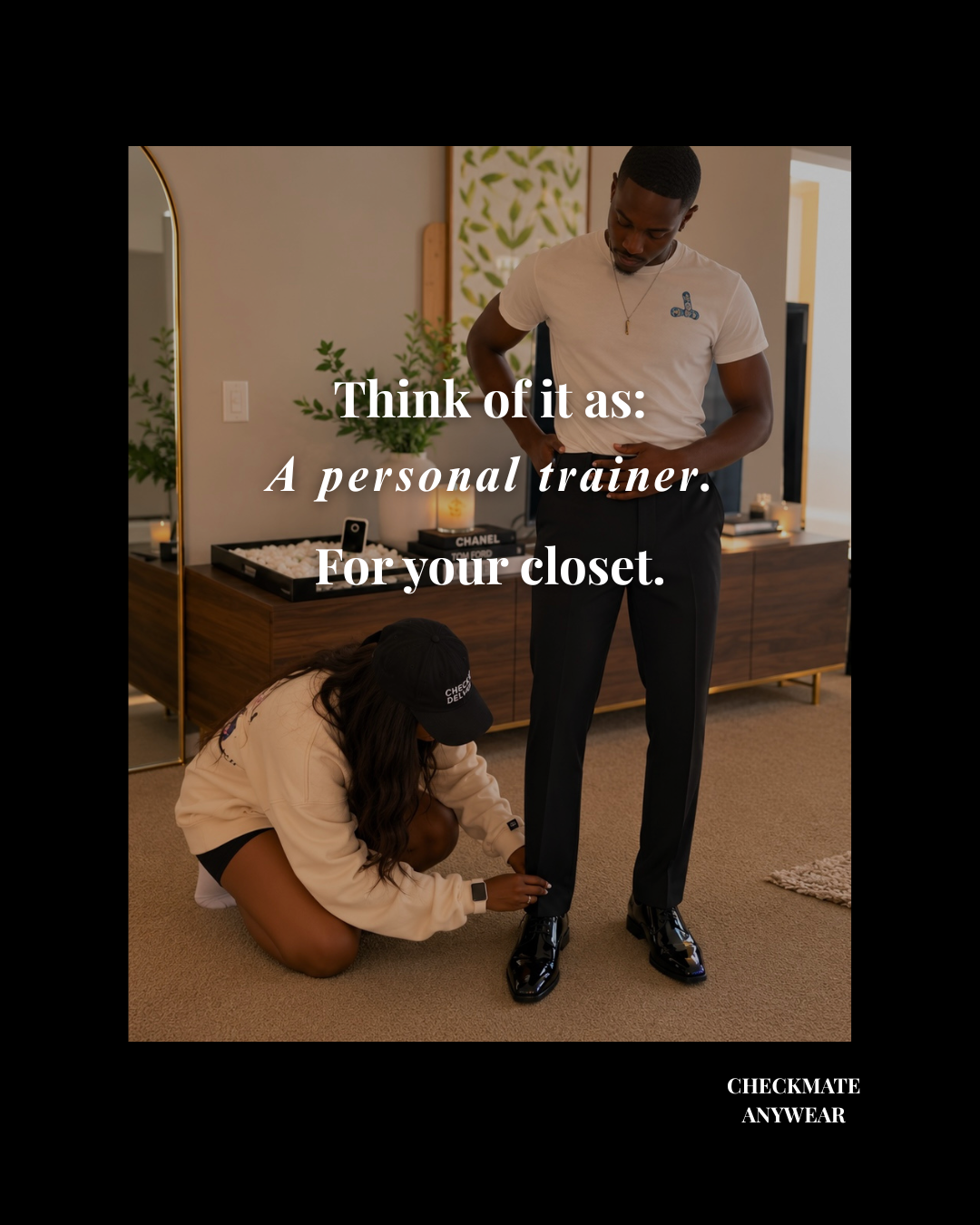 Curator is assisting a client with shoes in a room, with text overlay about a closet curator as a personal trainer for your closet.
