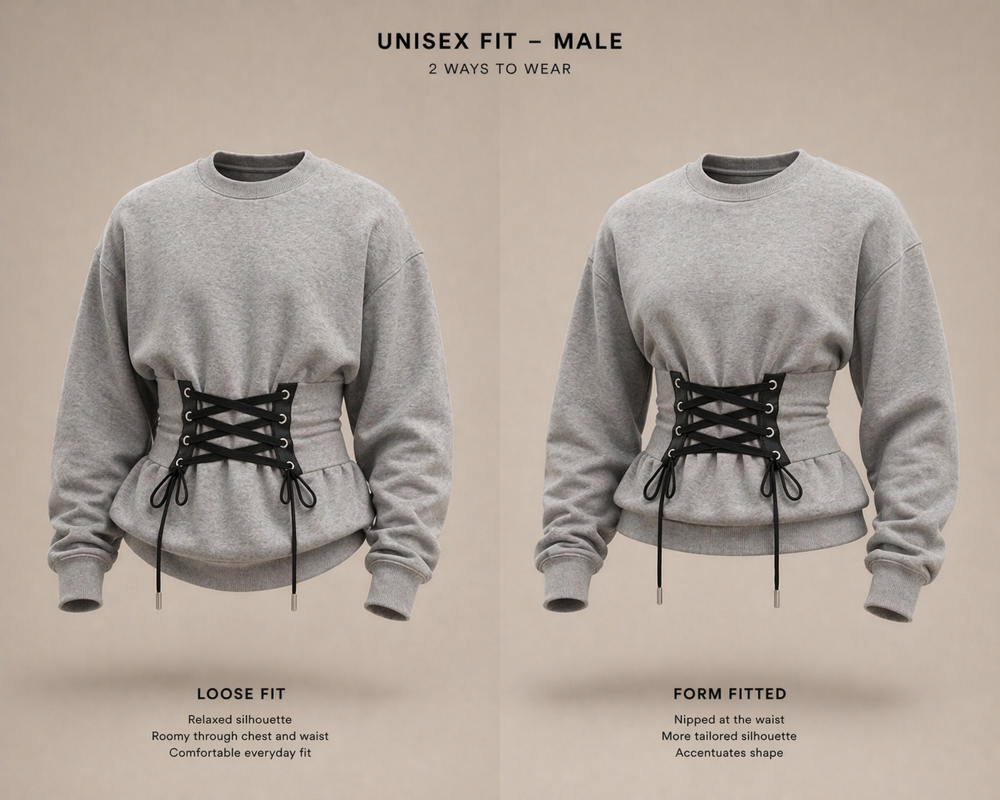 Gray sweatshirt with lace-up design on a netural background