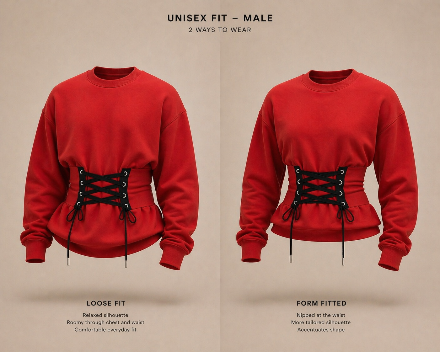 Red sweatshirt with lace-up design on a neutral background