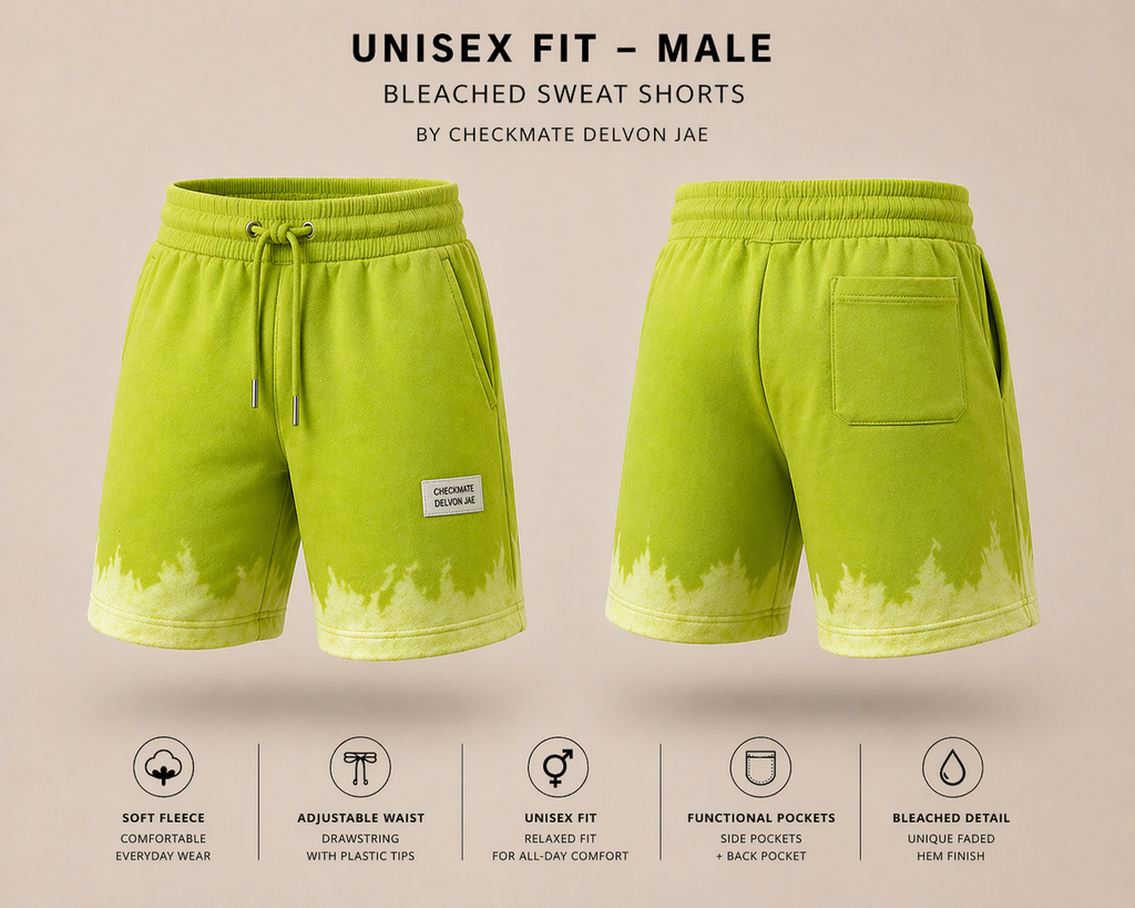 Green bleached sweat shorts with front and back views on a neutral background, featuring Checkmate Delvon Jae branding