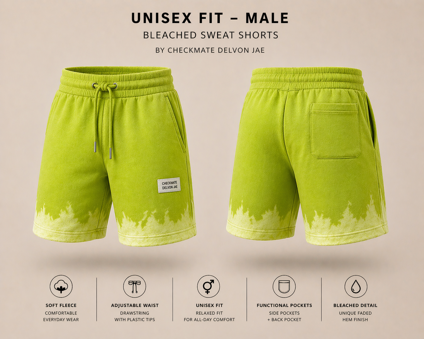Green bleached sweat shorts with front and back views on a neutral background, featuring Checkmate Delvon Jae branding