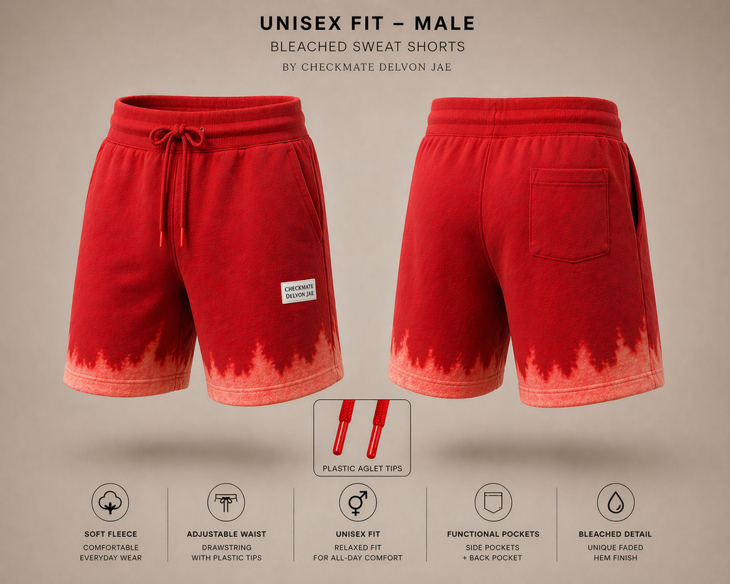 Red bleach-dyed sweat shorts with front and back views on a neutral background, featuring Checkmate Delvon Jae branding.