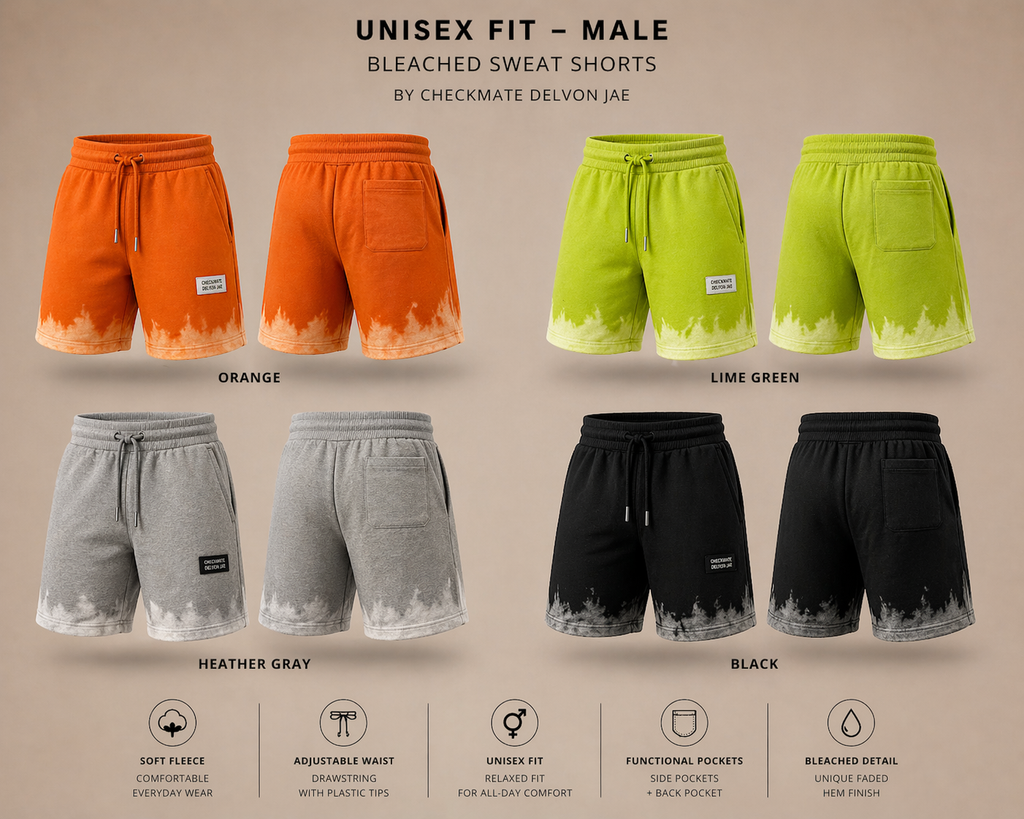 Collection of unisex fit bleached sweat shorts in orange, lime green, gray, and black on a neutral background.