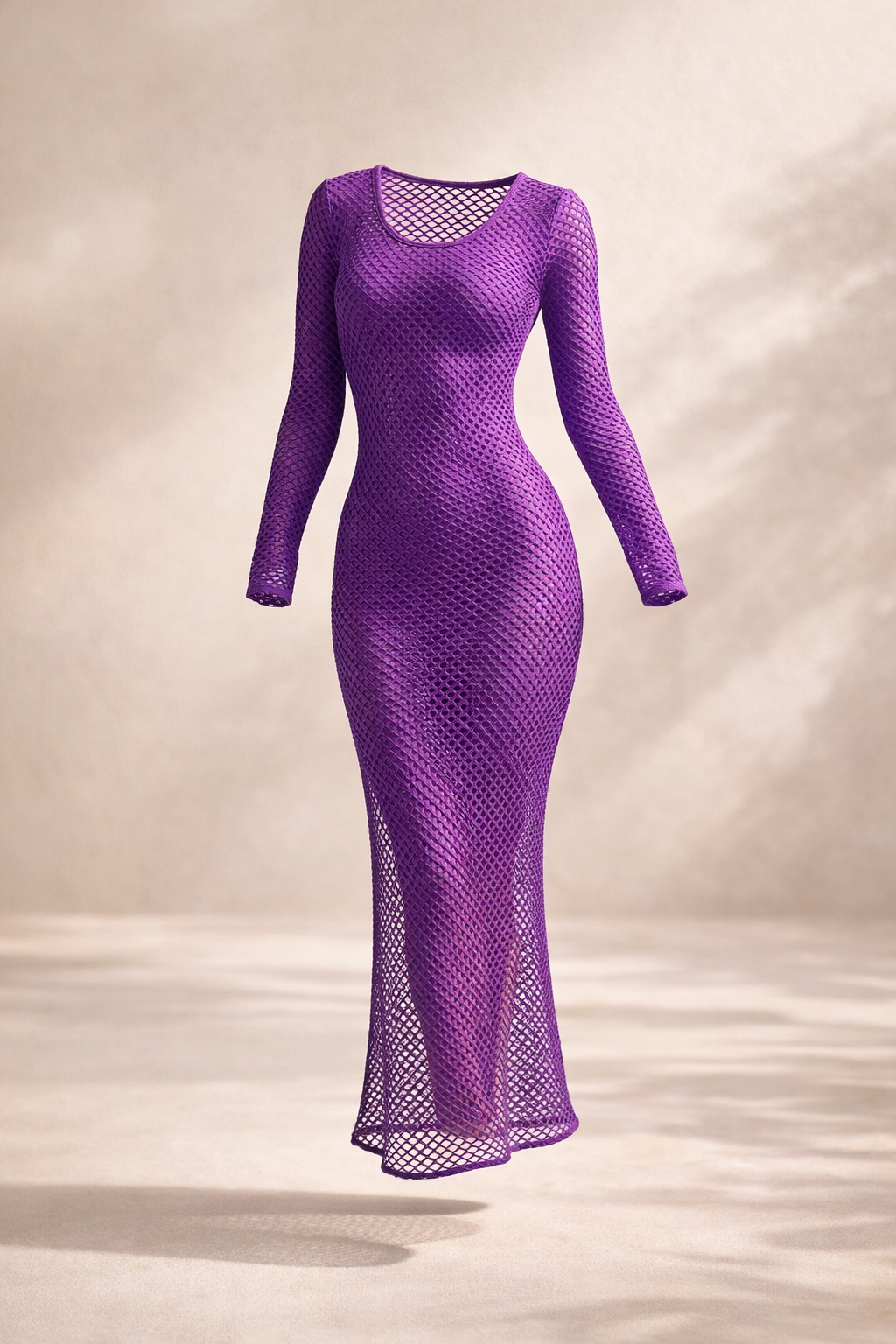Purple mesh dress on a neutral background