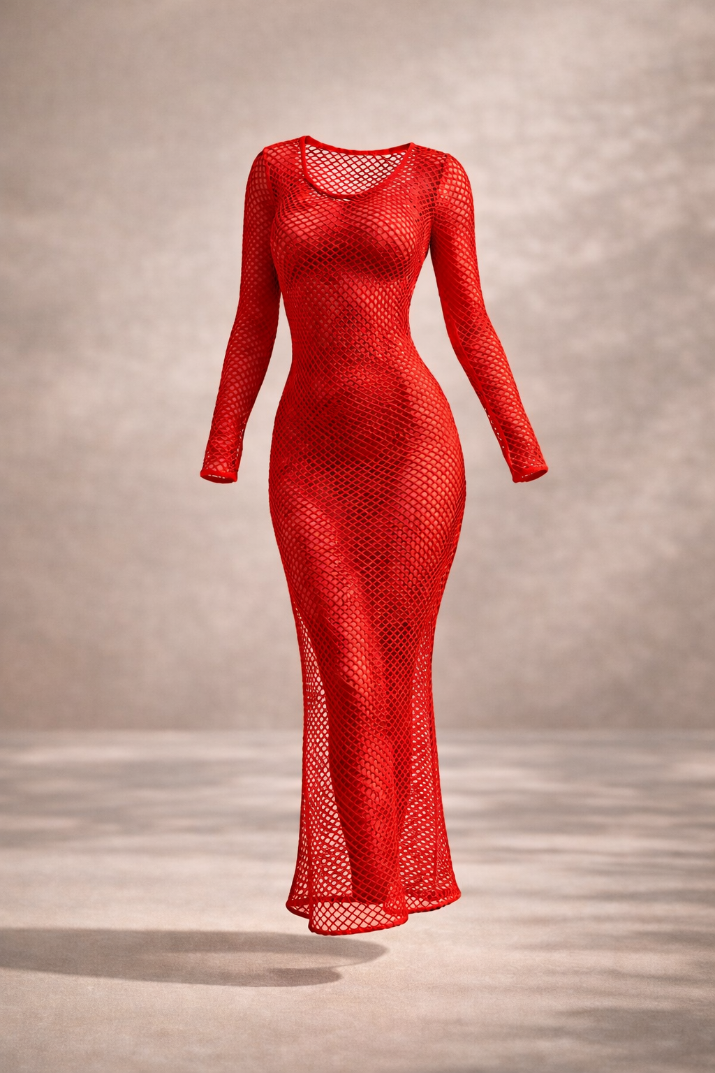 Red mesh dress on a neutral background
