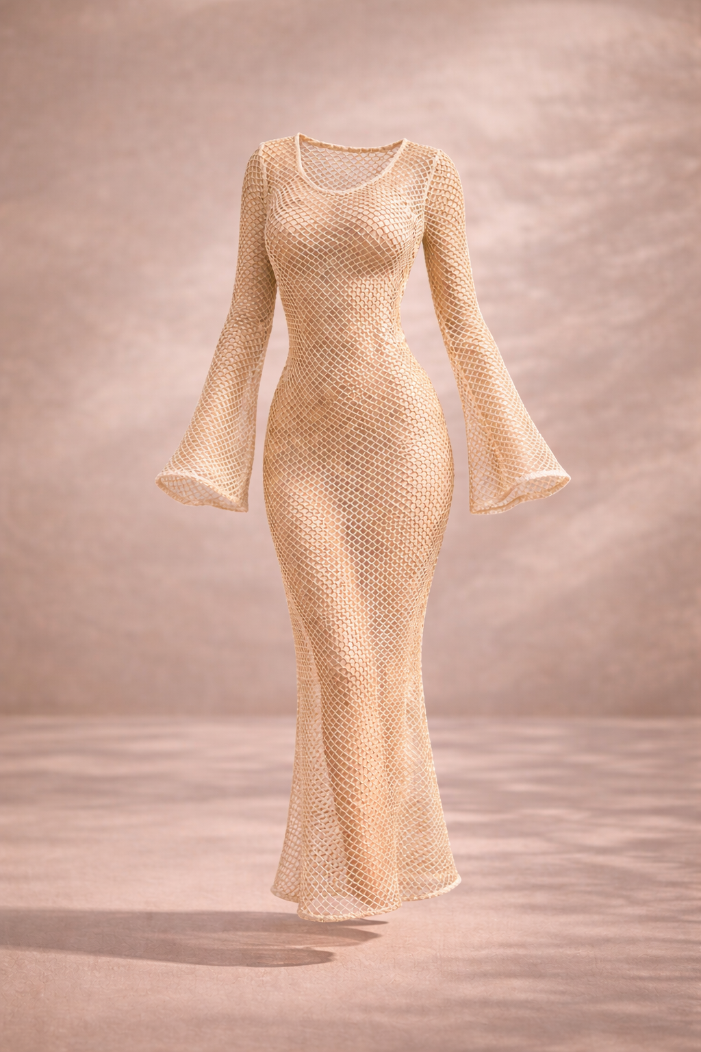 White mesh dress with long sleeves on a neutral background