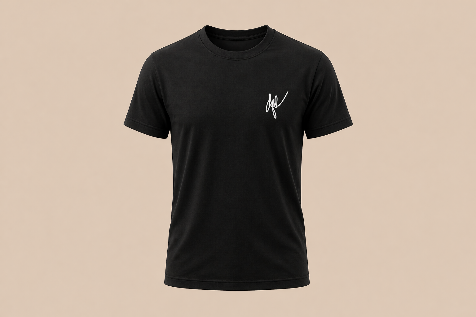 Black t-shirt with a small white signature logo on a neutral background