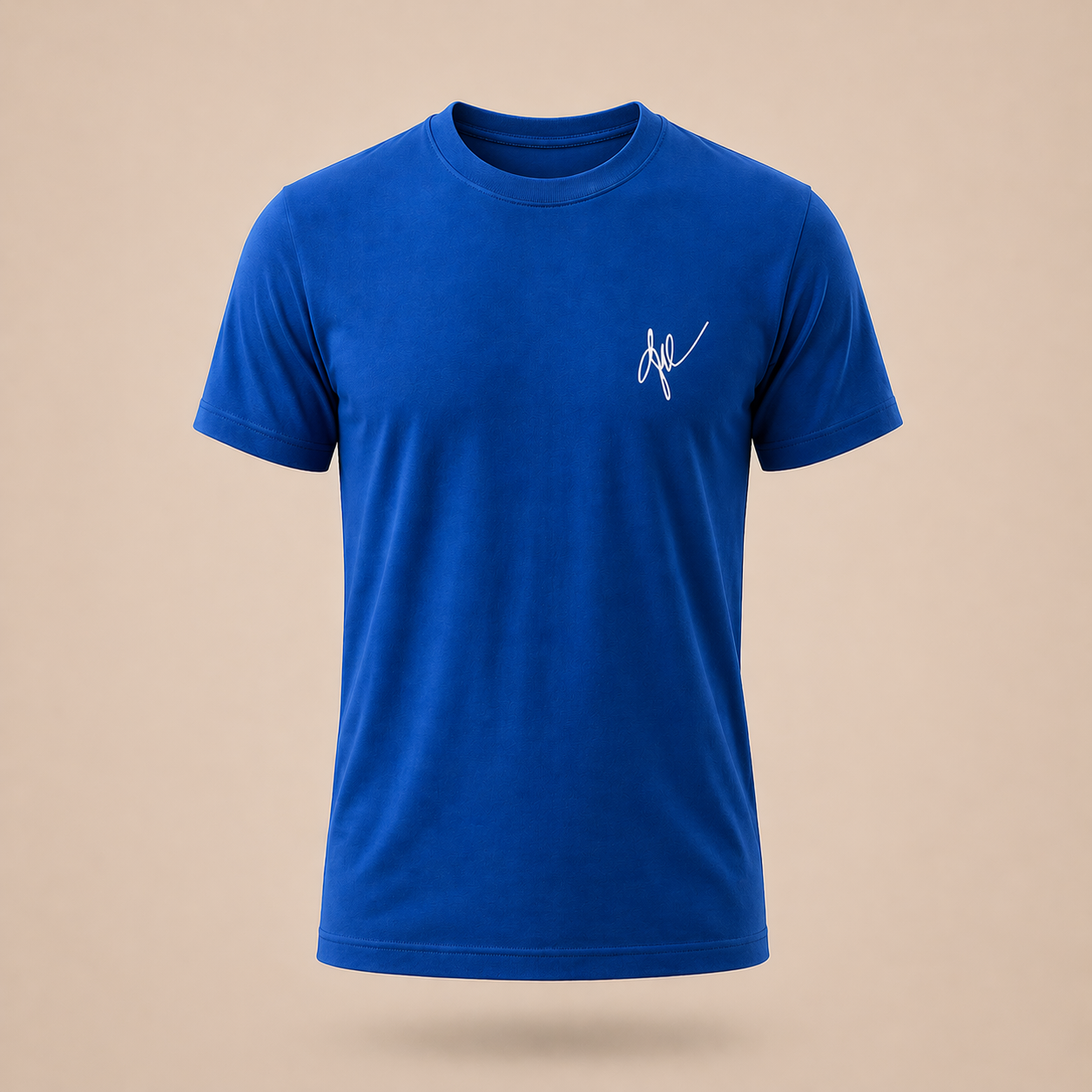 Blue t-shirt with a white signature logo on a neutral background