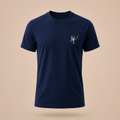 Navy blue t-shirt with a white signature logo on a beige background