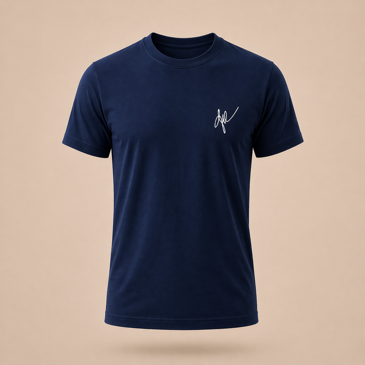 Navy blue t-shirt with a white signature logo on a beige background
