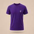 Purple t-shirt with a white signature logo on a neutral background