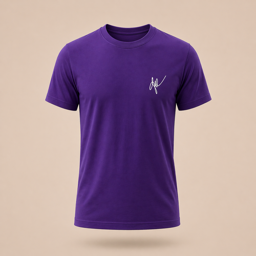 Purple t-shirt with a white signature logo on a neutral background