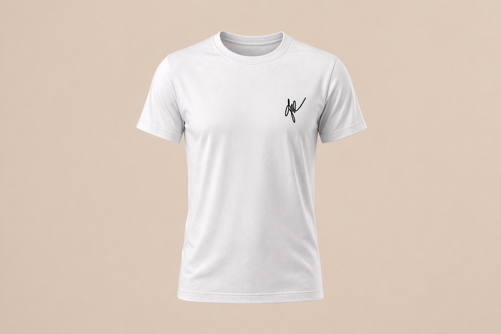 White t-shirt with a black signature logo on a neutral background
