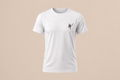 White t-shirt with a black signature logo on a neutral background