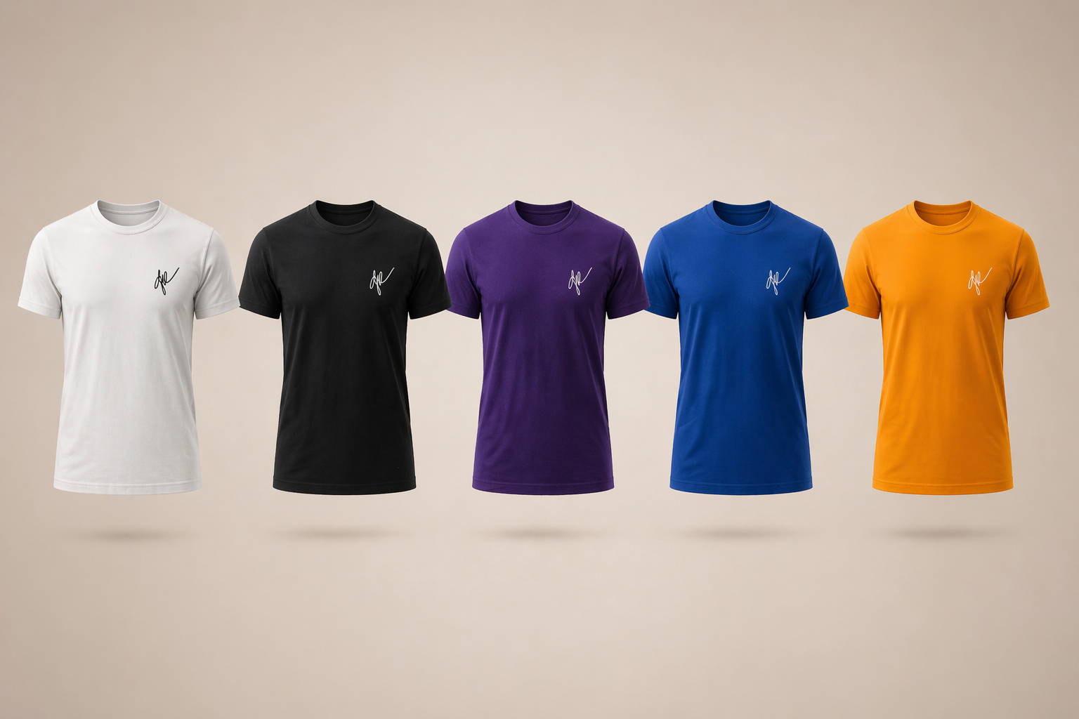 Five t-shirts in different colors (white, black, purple, blue, orange) on a netural background.