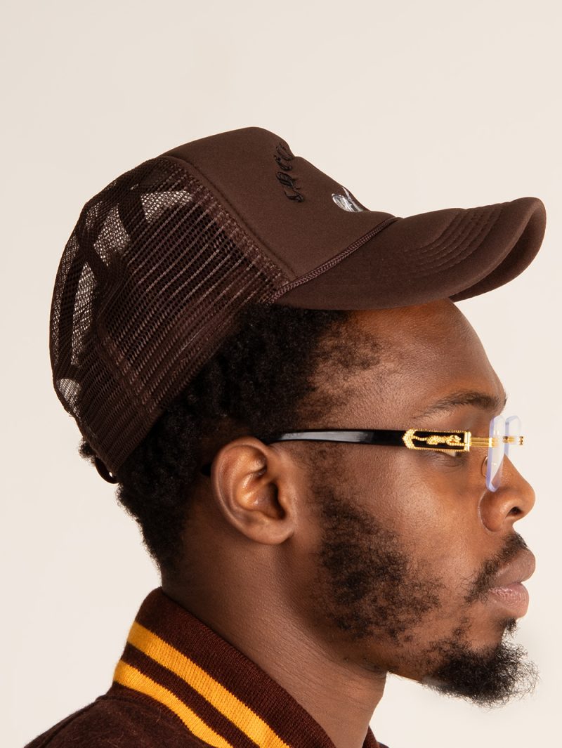 Checkmate Trucker in Brown with White Embroidery